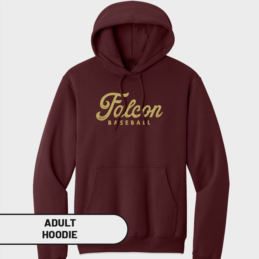 Maroon adult hoodie with "Falcon BASEBALL" in gold distressed lettering.