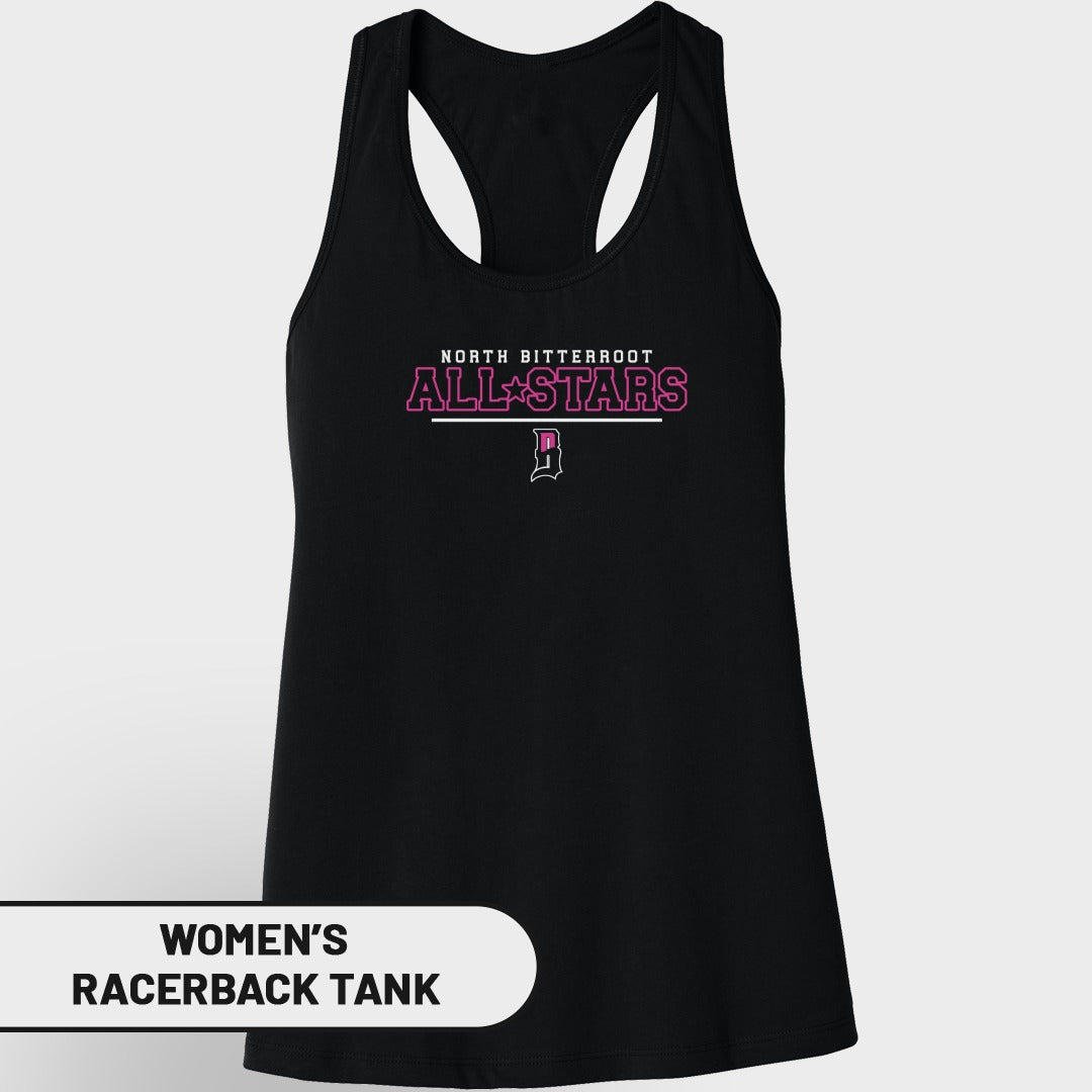 Black women's racerback tank top with "North Bitterroot All-Stars" and a stylized "D".