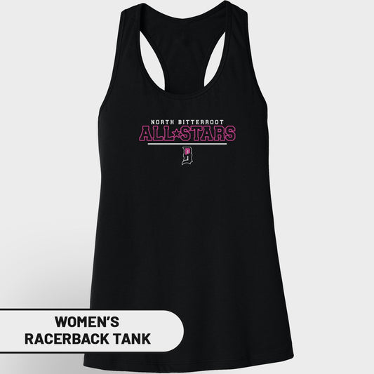 Black women's racerback tank top with "North Bitterroot All-Stars" and a stylized "D".