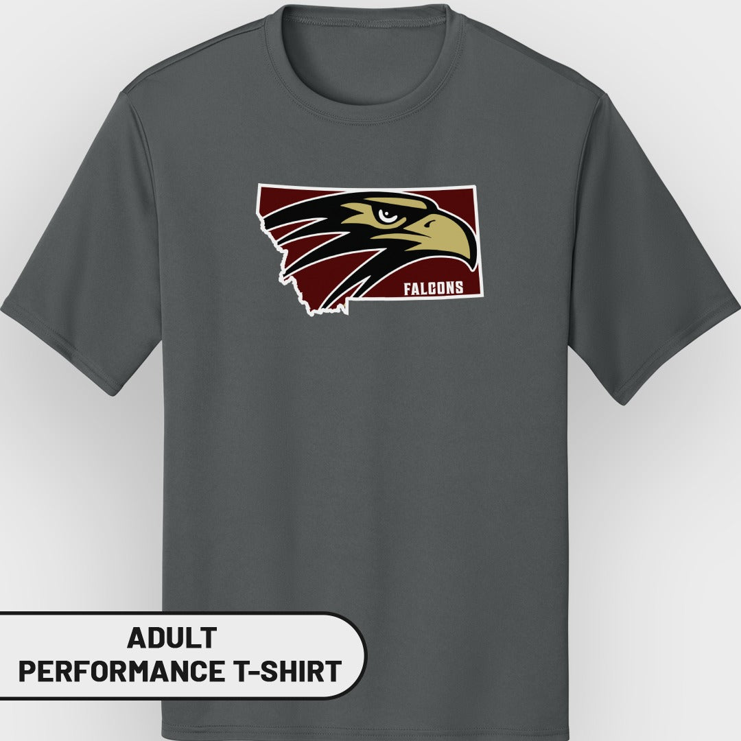 Gray adult performance t-shirt with Montana outline and "Falcons" text.