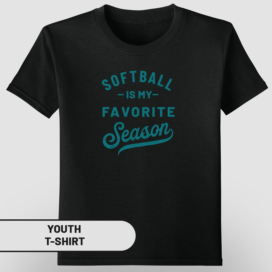 Black youth t-shirt with "Softball is my favorite season" text.