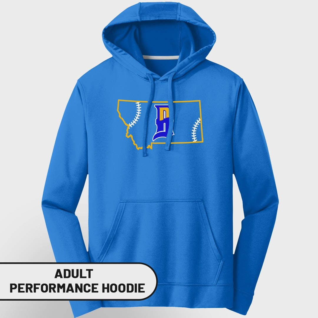 Blue hoodie with Montana outline and "DL" logo resembling baseball stitching.