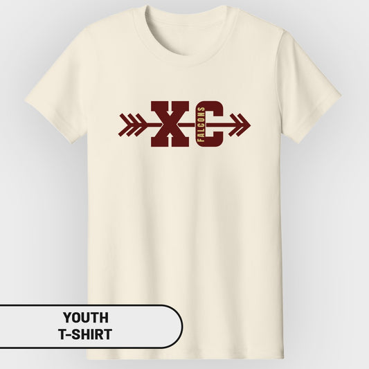 Cream youth t-shirt with maroon "XC" logo and "Falcons" text.