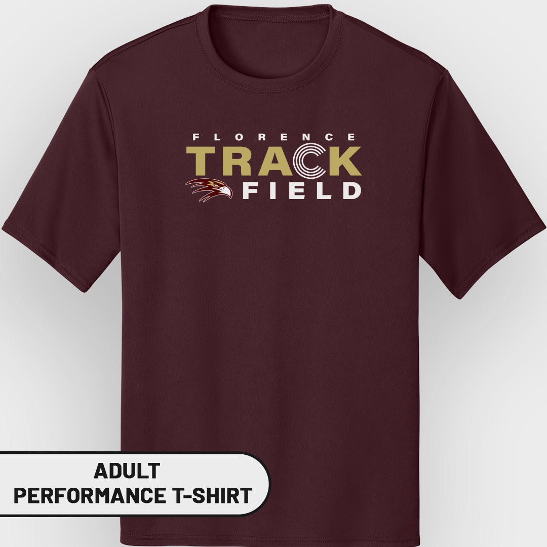 Maroon adult performance t-shirt with Florence Track Field text and hawk logo.