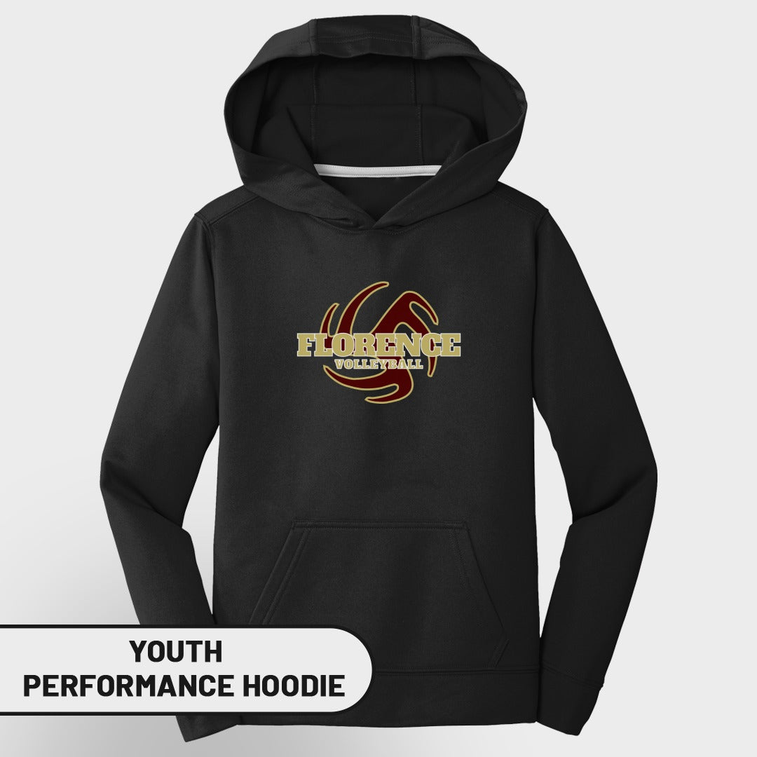 Youth black performance hoodie with Florence Volleyball logo.