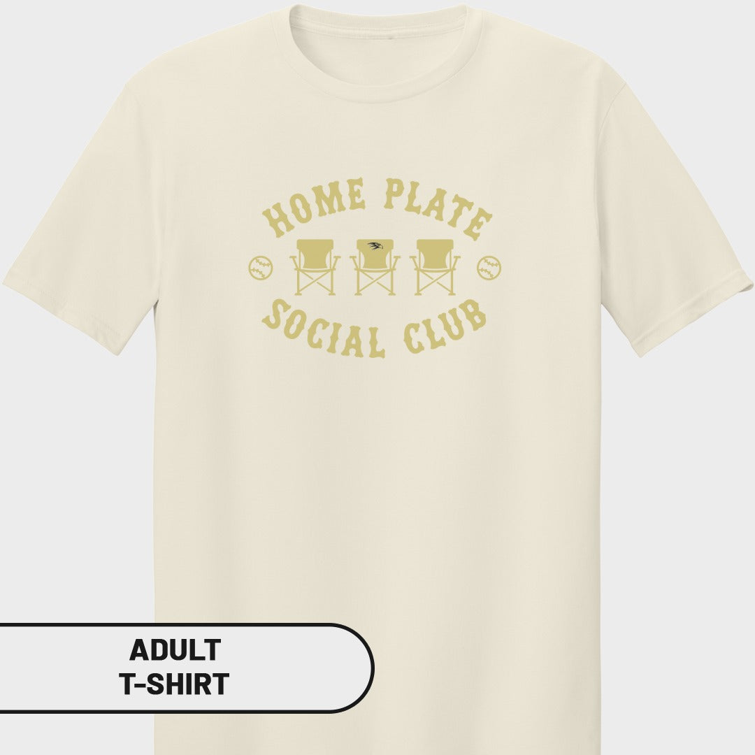 Cream t-shirt with "Home Plate Social Club" text and graphic.