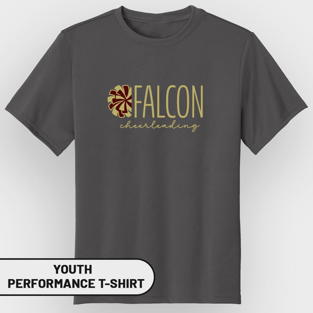 Dark grey youth performance t-shirt with "FALCON cheerleading" text and a pom-pom graphic.