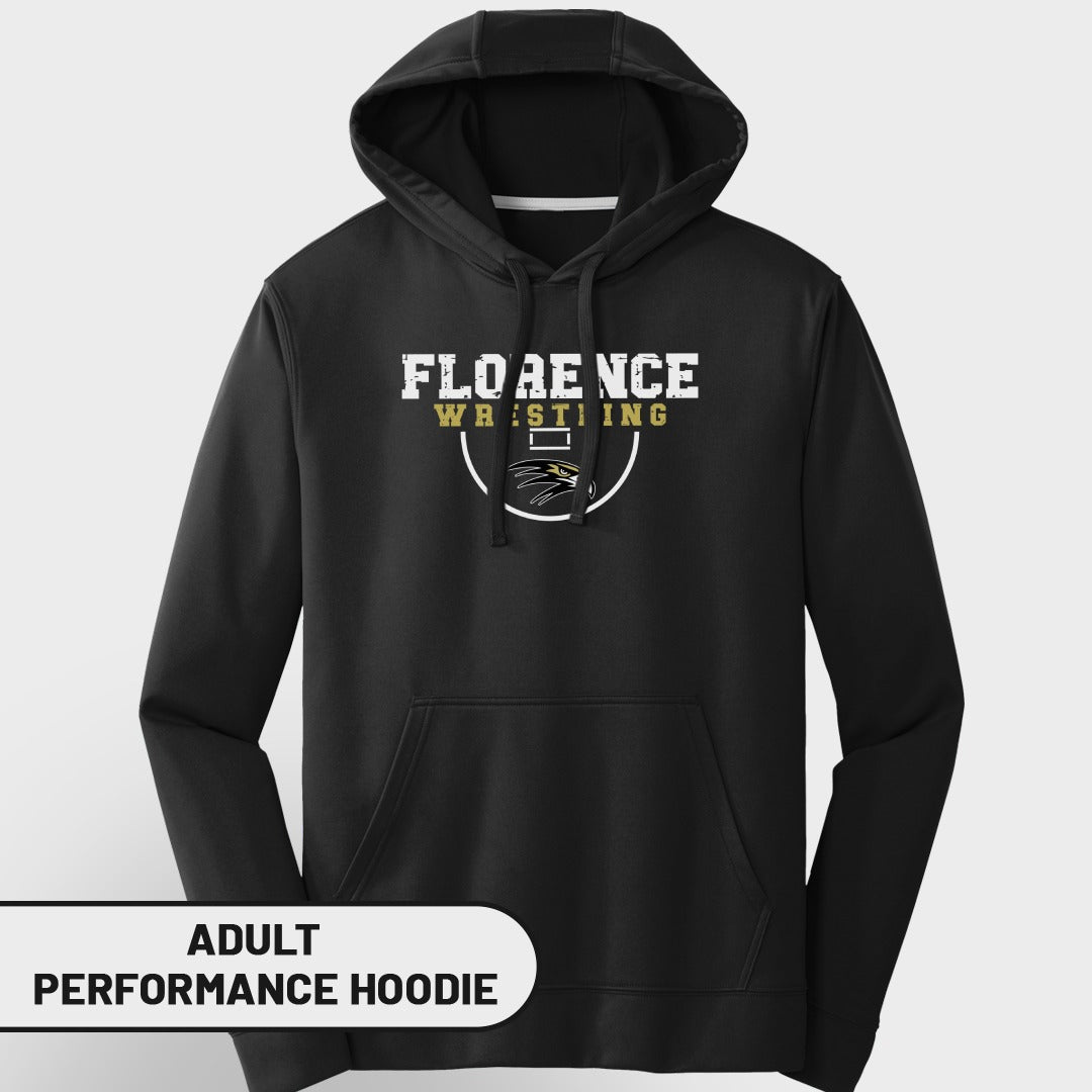 Black adult performance hoodie with "Florence Wrestling" text and logo.