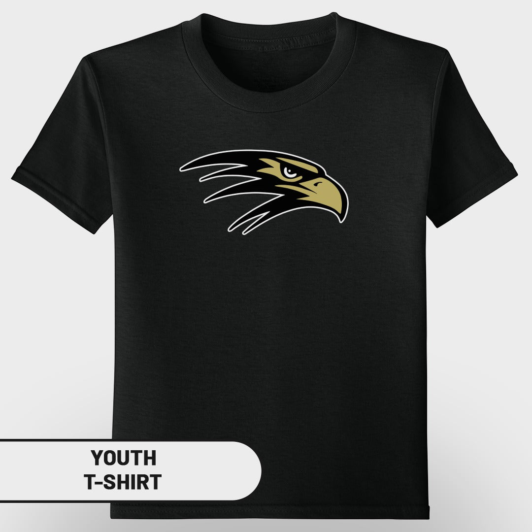 Black youth t-shirt with a gold and black eagle head logo.
