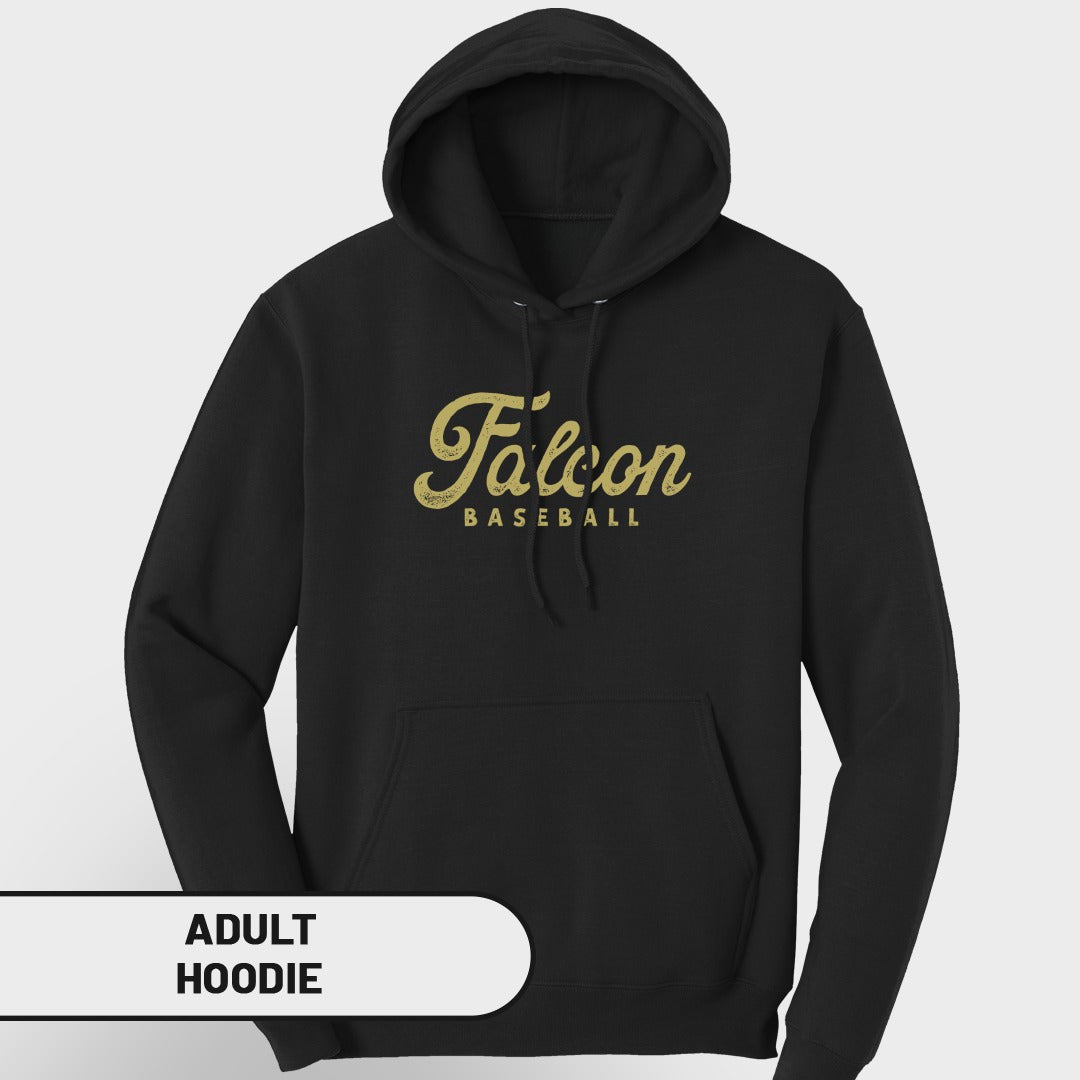 Black adult Falcon Baseball hoodie with gold distressed lettering.