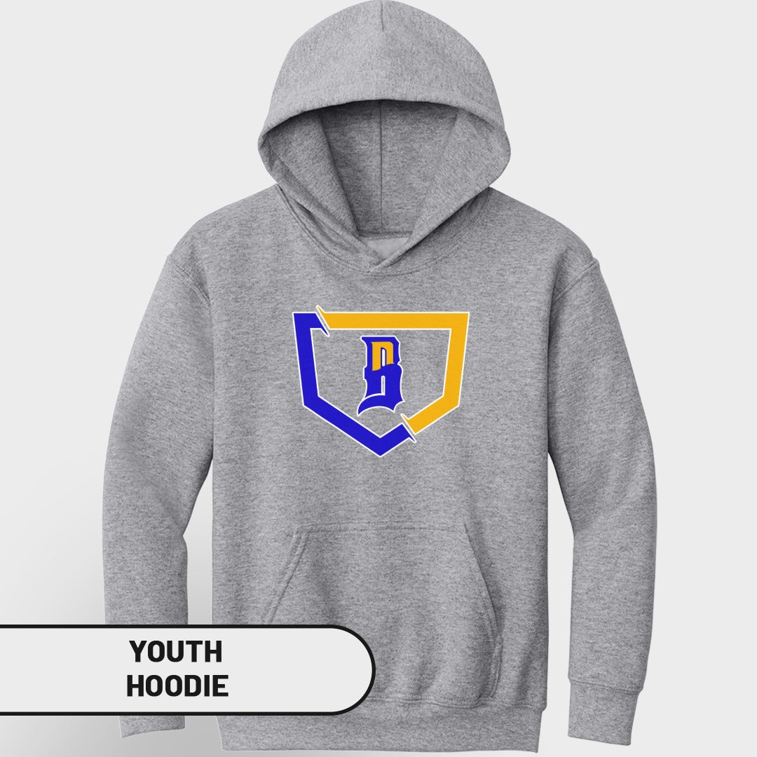 Gray youth hoodie with a blue and yellow baseball diamond logo.