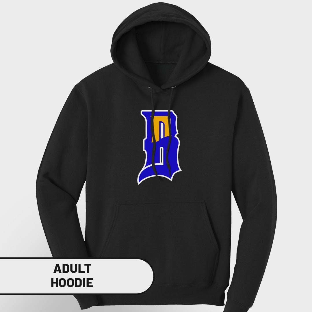 Black adult hoodie with a blue and yellow athletic-style "D" logo.