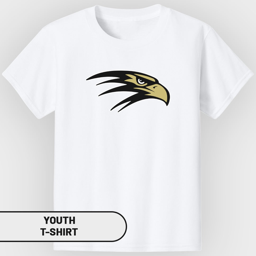 White youth t-shirt with a black and gold eagle head graphic.