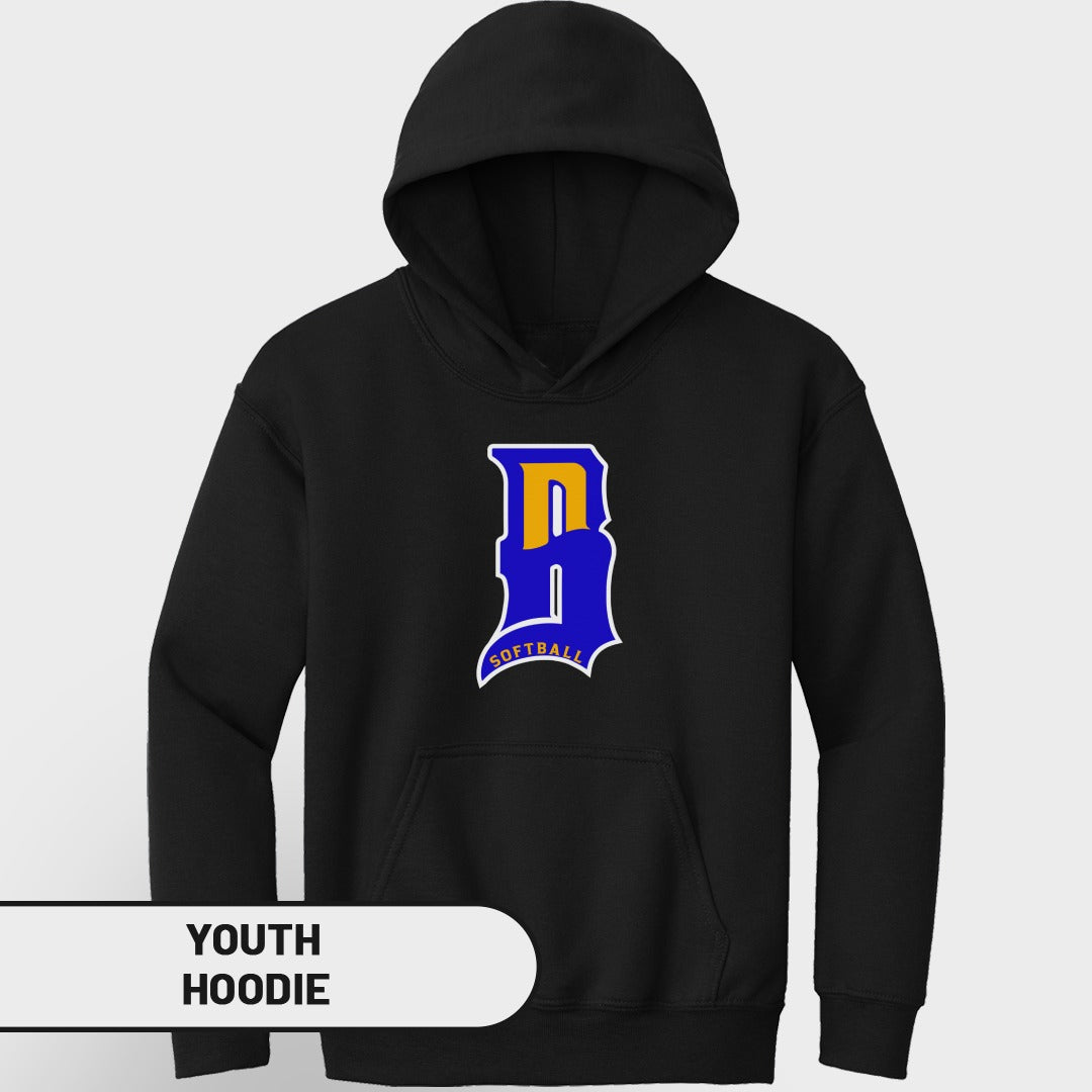 Black youth hoodie with blue and yellow "DB" softball logo.