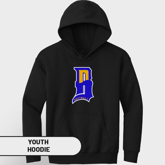 Black youth hoodie with blue and yellow "DB" softball logo.