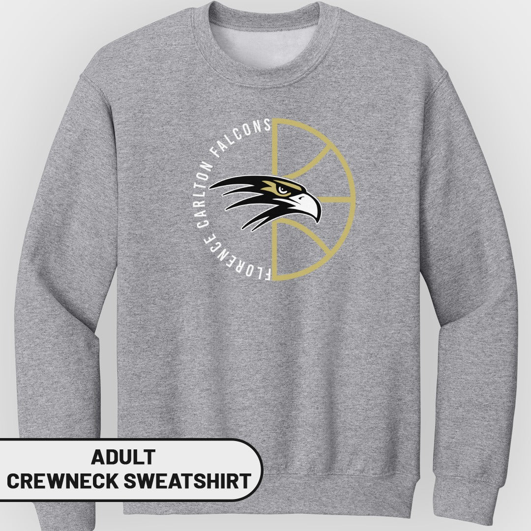 Grey adult crewneck sweatshirt with Florence Carlton Falcons logo.