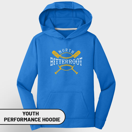 Blue youth performance hoodie with "NORTH BITTERROOT" and crossed baseball bats logo.