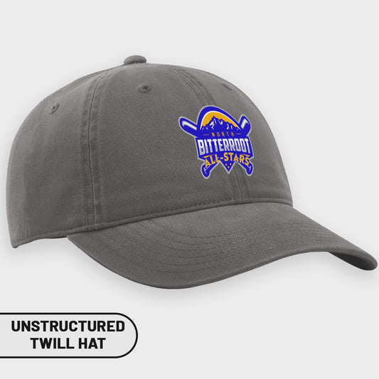Gray unstructured twill hat with "North Bitterroot All-Stars" logo.