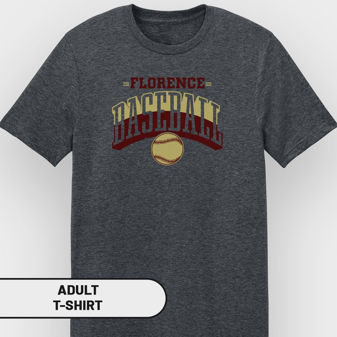 Dark gray t-shirt with "Florence Baseball" graphic and a baseball.
