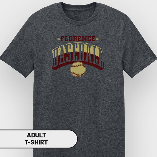 Dark gray t-shirt with "Florence Baseball" graphic and a baseball.