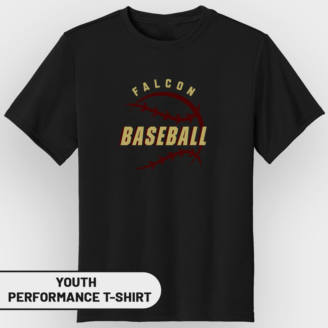 Black youth performance t-shirt with "Falcon Baseball" graphic.