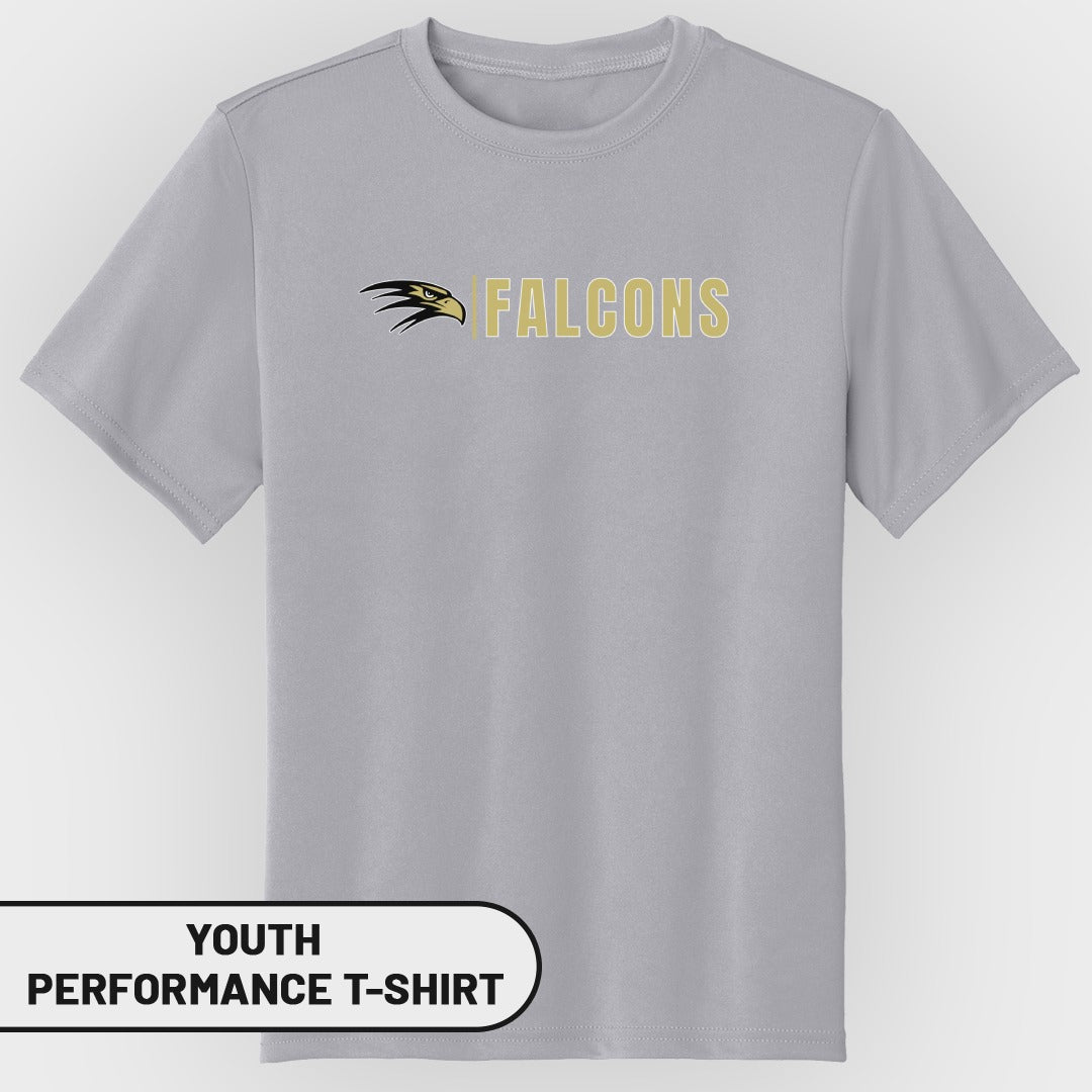 Grey youth performance t-shirt with black and gold Falcons logo.