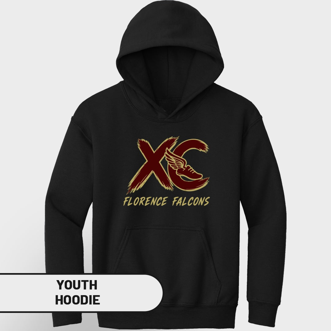 Black youth hoodie with "XC Florence Falcons" logo and winged running shoe.