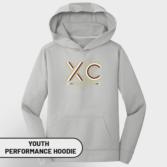 Light grey youth performance hoodie with "XC Florence" graphic across the chest.