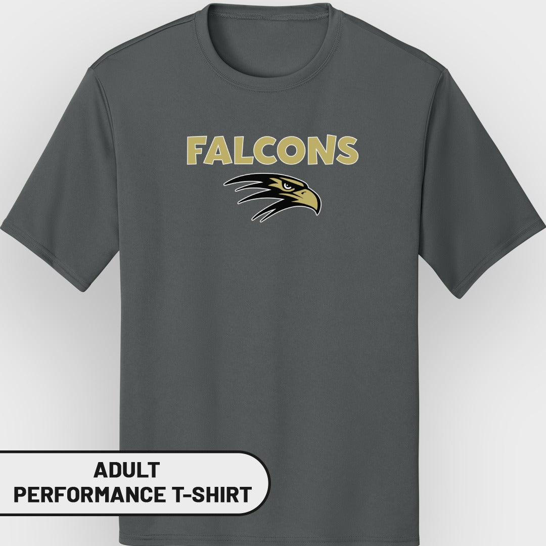Gray adult performance t-shirt with "FALCONS" text and eagle logo.