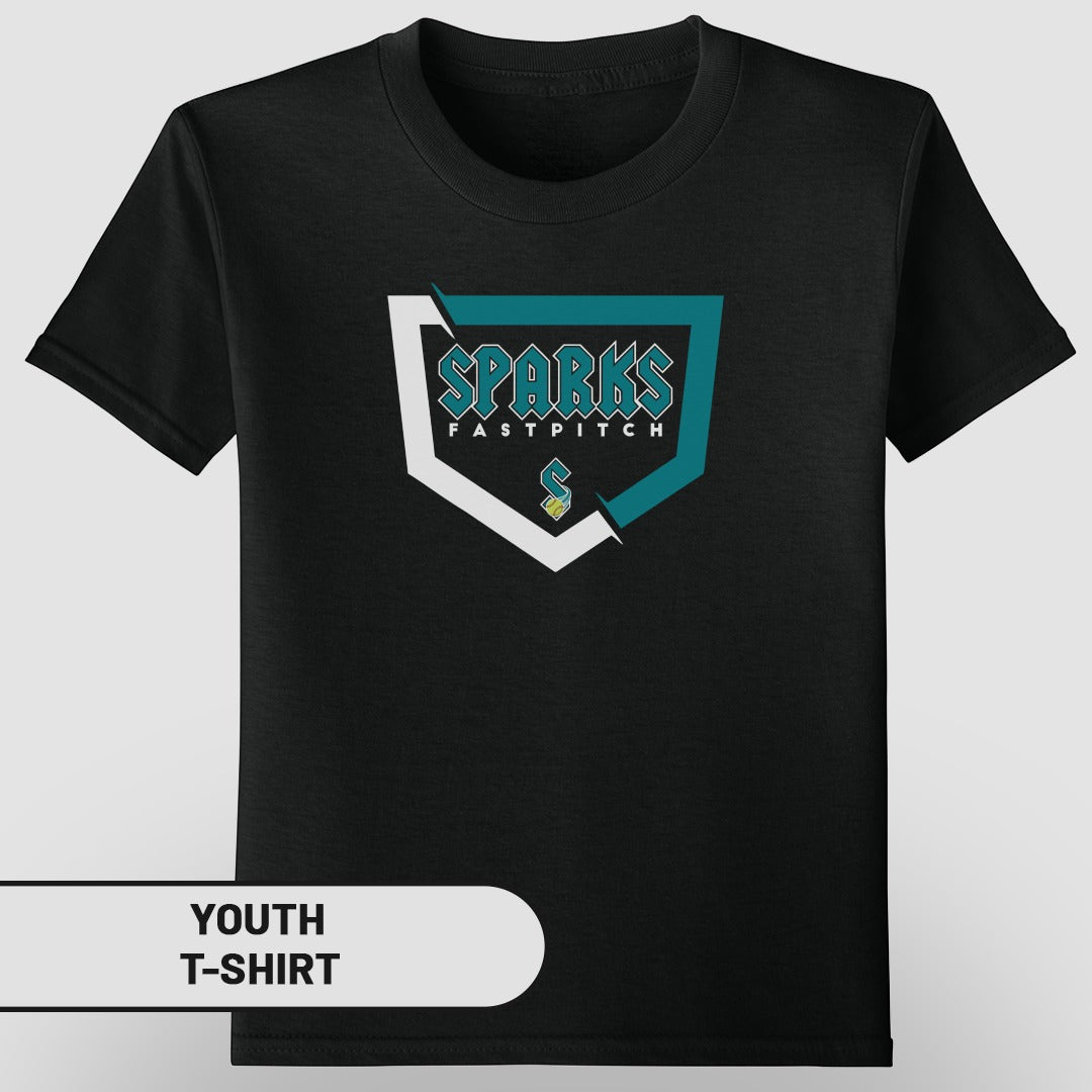Youth black t-shirt with Sparks Fastpitch logo.