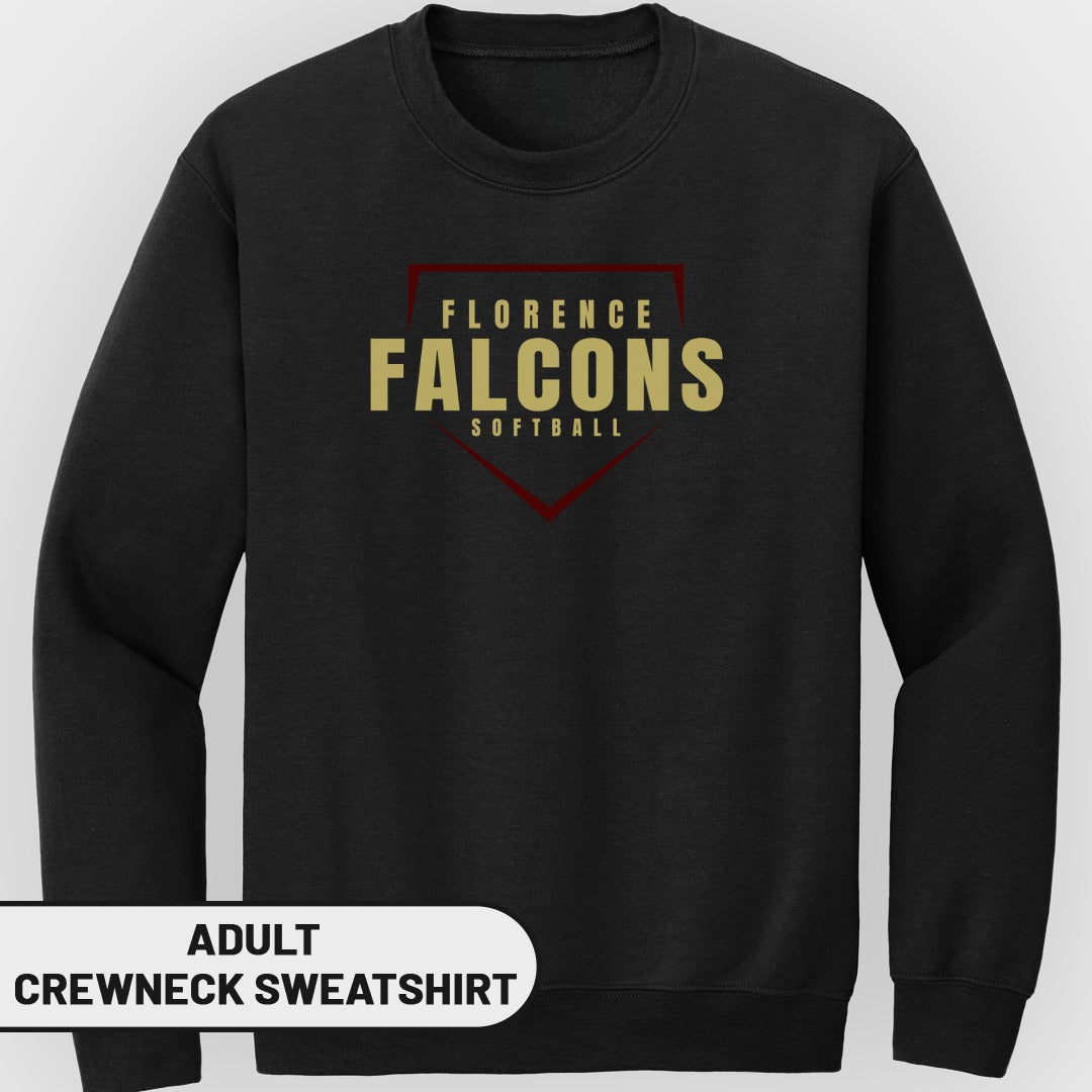 Black adult crewneck sweatshirt with Florence Falcons softball logo.