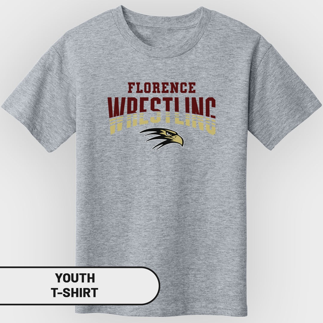 Grey youth t-shirt with "FLORENCE WRESTLING" and eagle mascot graphic.