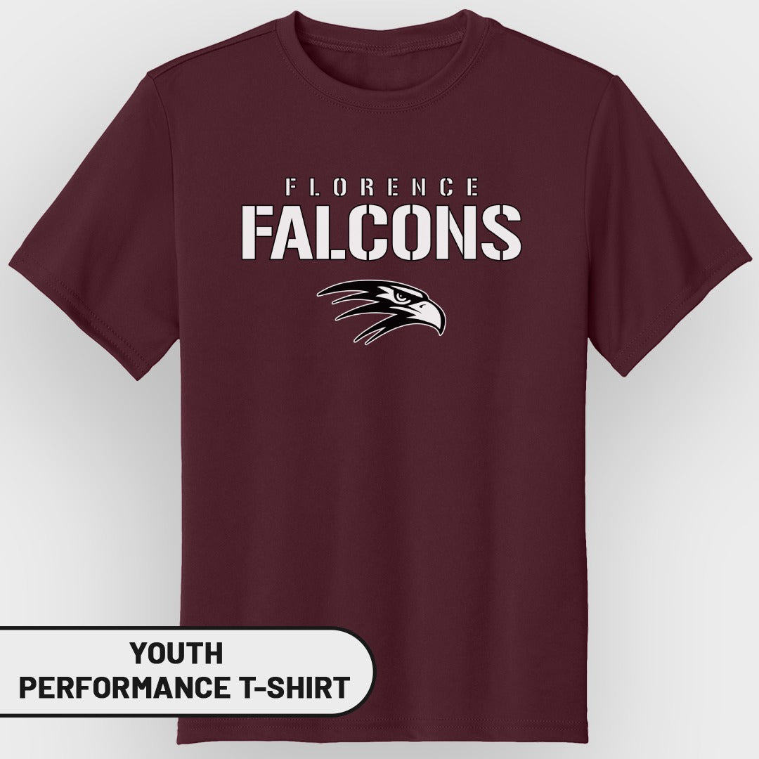 Maroon youth performance t-shirt with "Florence Falcons" and eagle graphic.