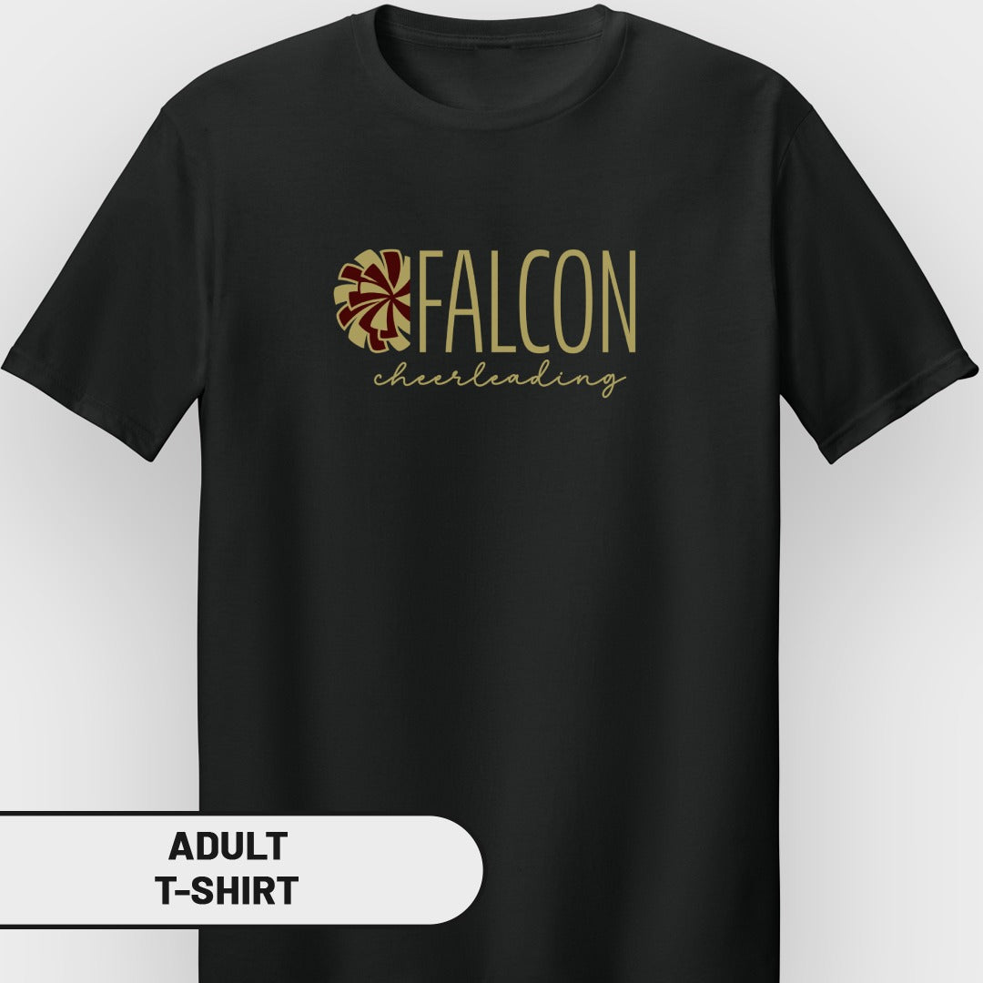 Black adult t-shirt with gold "FALCON cheerleading" text and graphic.