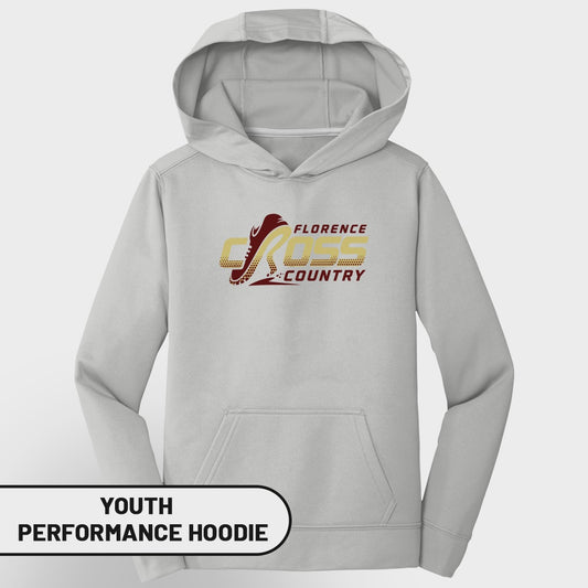 Light grey youth performance hoodie with "Florence Cross Country" graphic.