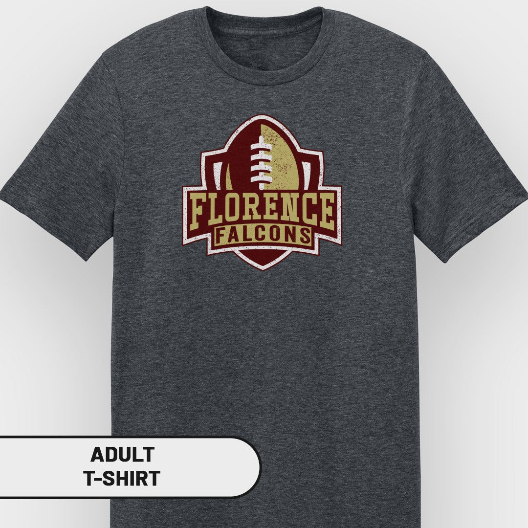 Dark grey adult t-shirt with a vintage Florence Falcons football logo on the chest.