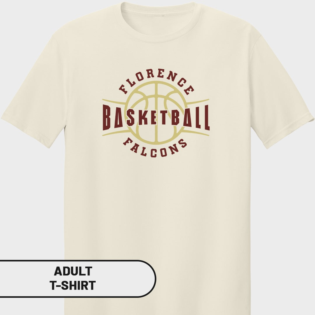 Cream t-shirt with "Florence Basketball Falcons" text and basketball graphic.