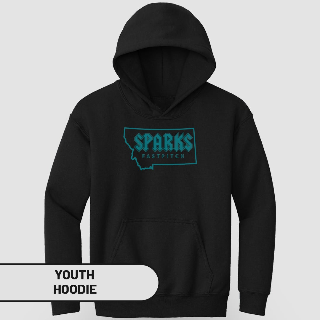 Black youth hoodie with "SPARKS FASTPITCH" text within a state outline.