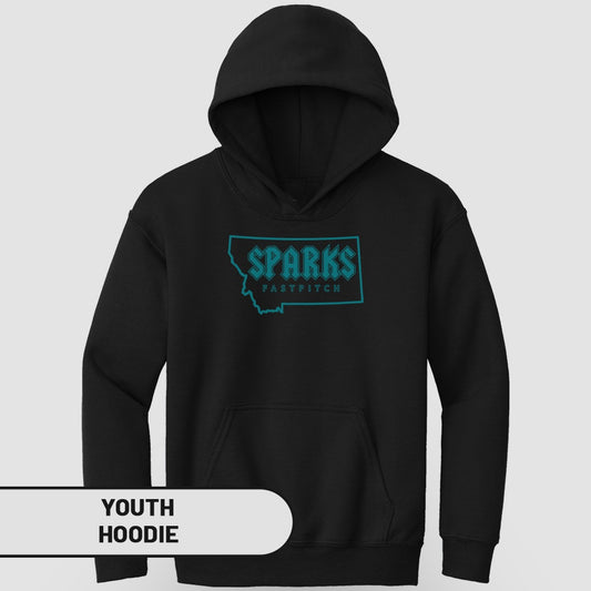 Black youth hoodie with "SPARKS FASTPITCH" text within a state outline.