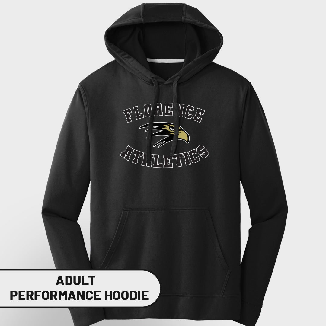 Black adult performance hoodie with "Florence Athletics" and eagle logo.