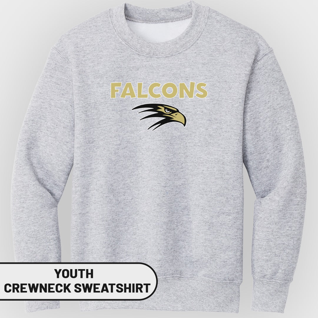 Youth grey crewneck sweatshirt with "FALCONS" and a falcon head logo.