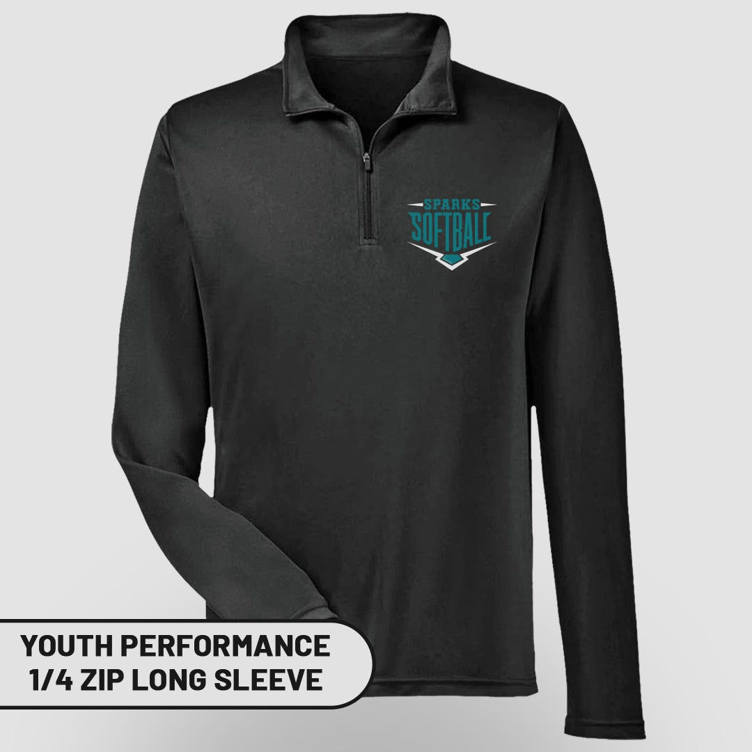 Black youth performance 1/4 zip long sleeve shirt with "Sparks Softball" logo.