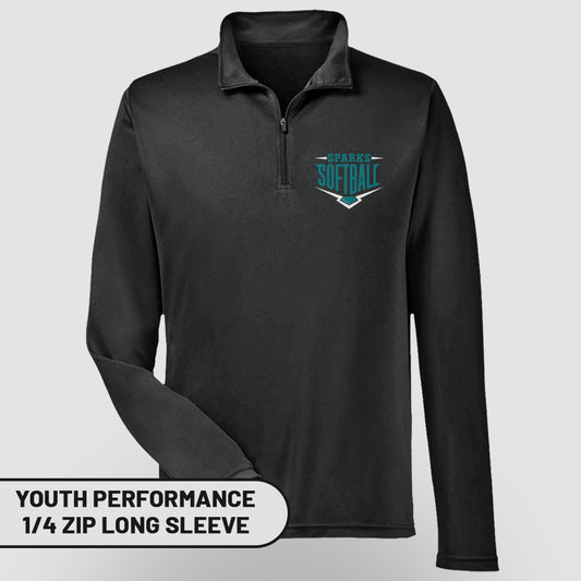 Black youth performance 1/4 zip long sleeve shirt with "Sparks Softball" logo.