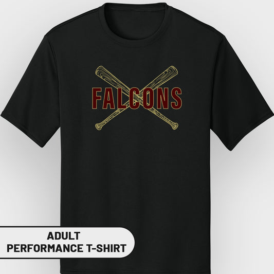 Black t-shirt with crossed baseball bats and "FALCONS" text.