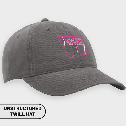 Gray unstructured twill hat with pink outline of Montana and "All-Stars" text.