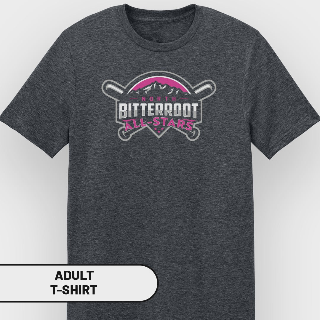 Dark grey adult t-shirt with "North Bitterroot All-Stars" baseball logo.