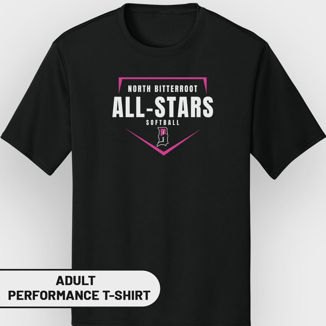 Black adult performance t-shirt with "North Bitterroot All-Stars Softball" logo.