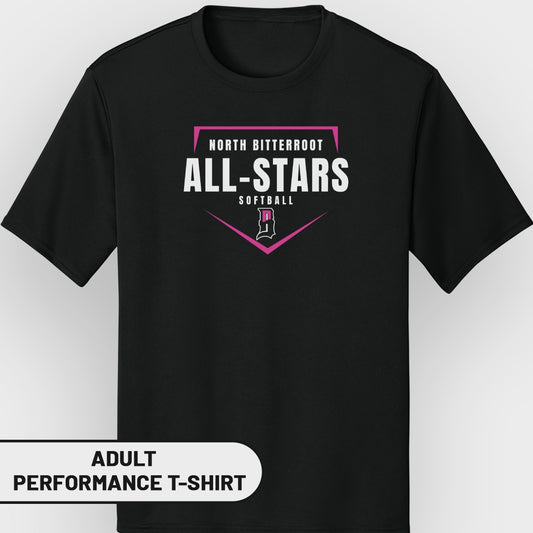 Black adult performance t-shirt with "North Bitterroot All-Stars Softball" logo.