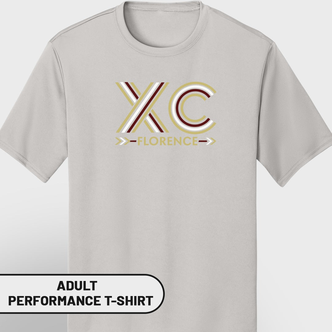 Grey t-shirt with "XC Florence" text graphic in maroon, gold, and white.