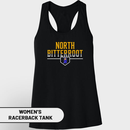 Black women's racerback tank with "NORTH BITTERROOT" and a blue "B" logo.
